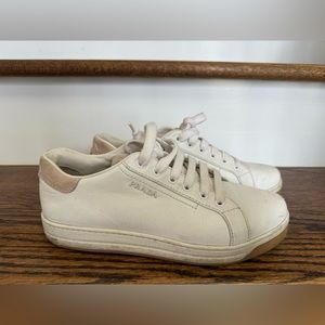 Pre owned PRADA Vitello Soft Suede Low Top Sneakers size 38 in White Sabbia.